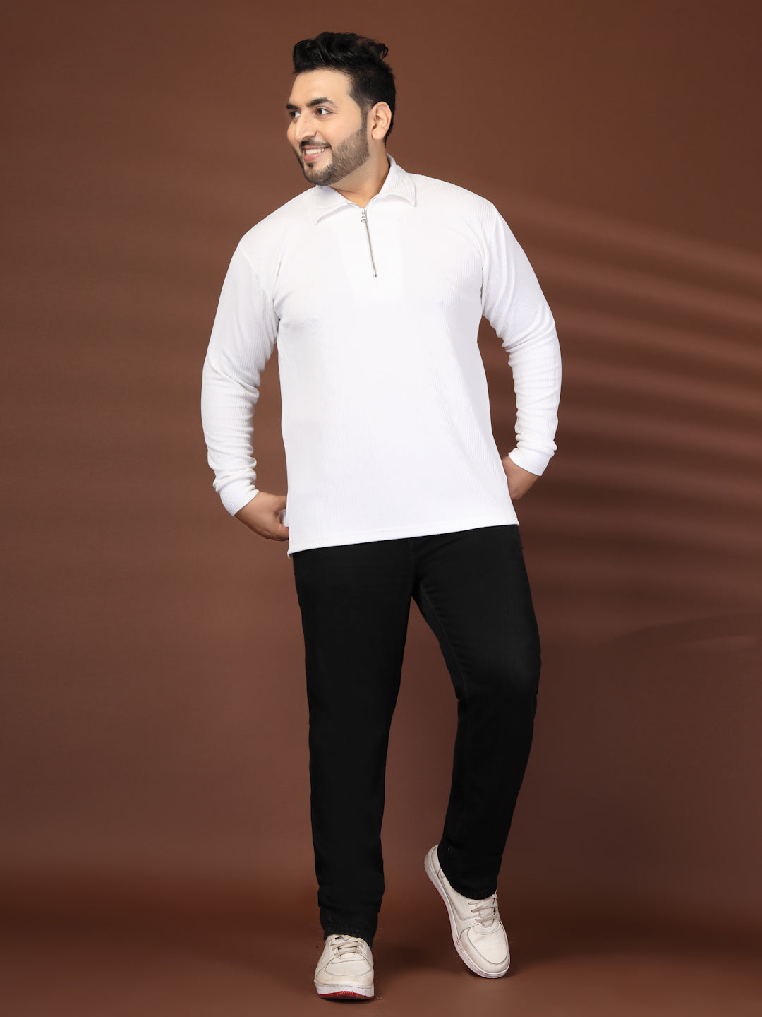 Plus Size Self Design Polo Collar Long Sleeves T-shirt