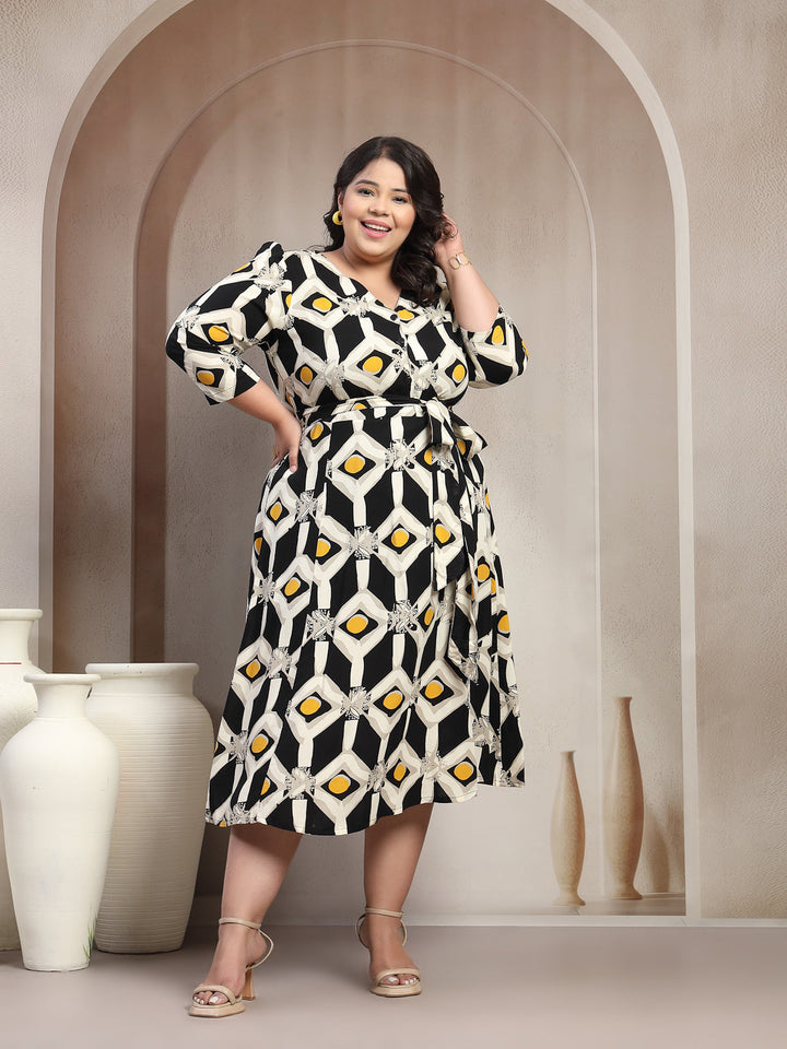 Plus Size Printed Midi Fit and Flare Dress