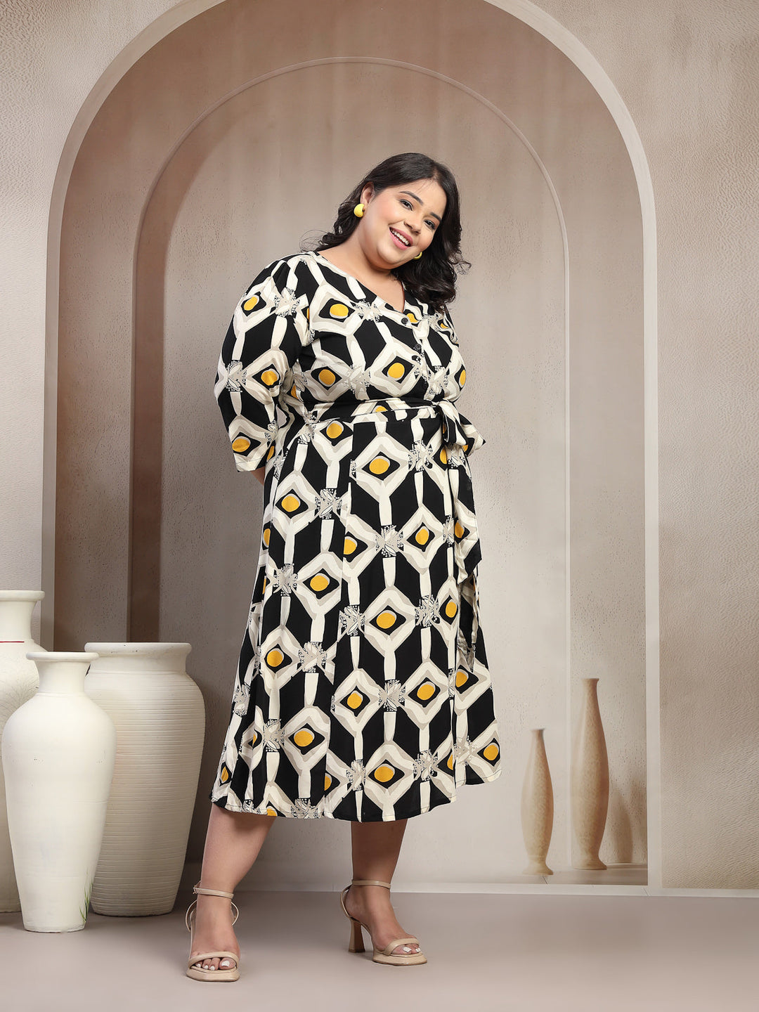Plus Size Printed Midi Fit and Flare Dress