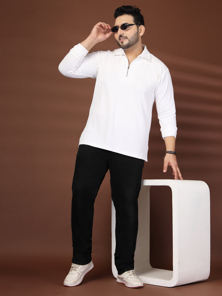 Plus Size Self Design Polo Collar Long Sleeves T-shirt