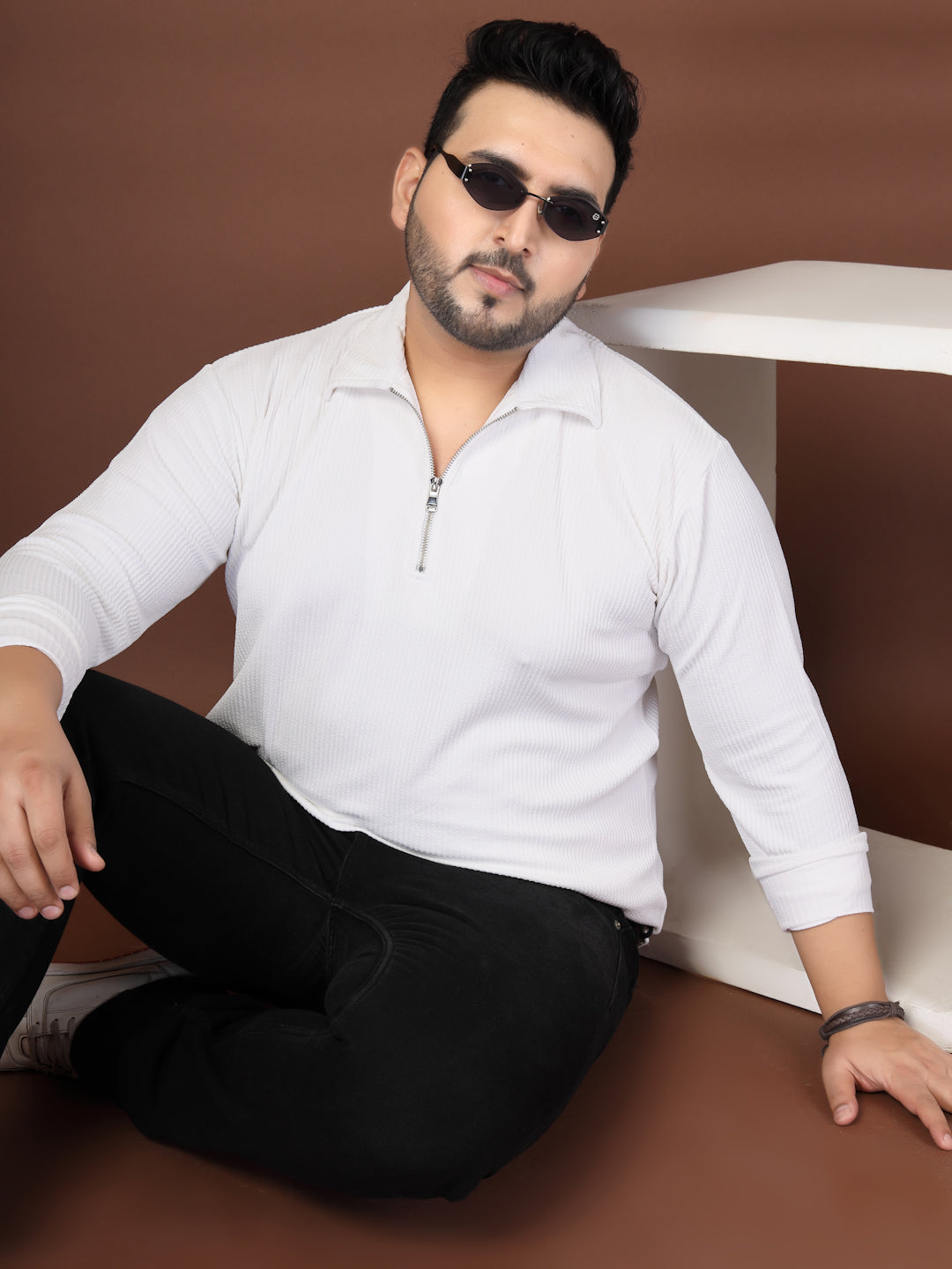 Plus Size Self Design Polo Collar Long Sleeves T-shirt