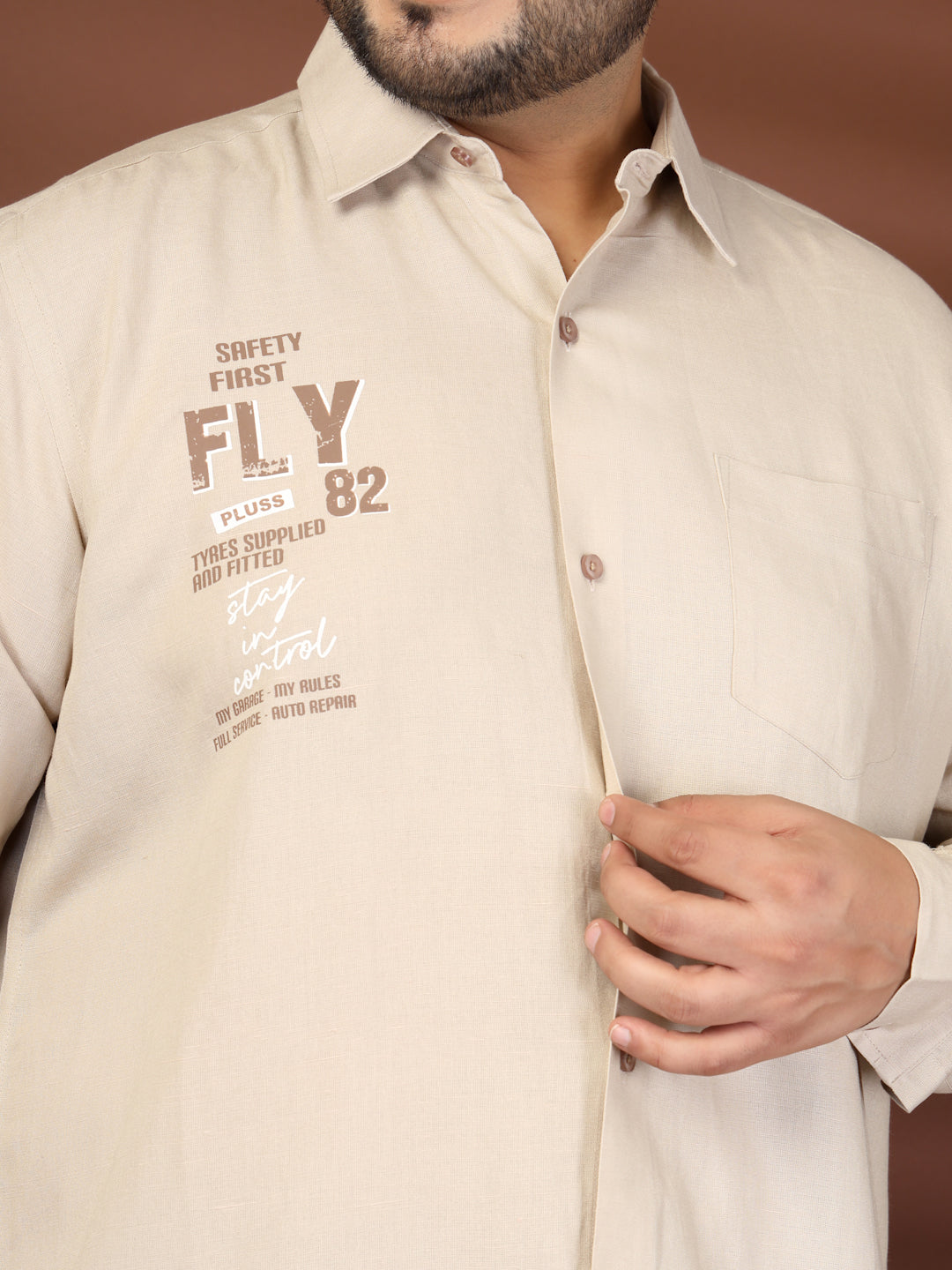 Plus Size Men Beige Printed Cotton Casual Shirt