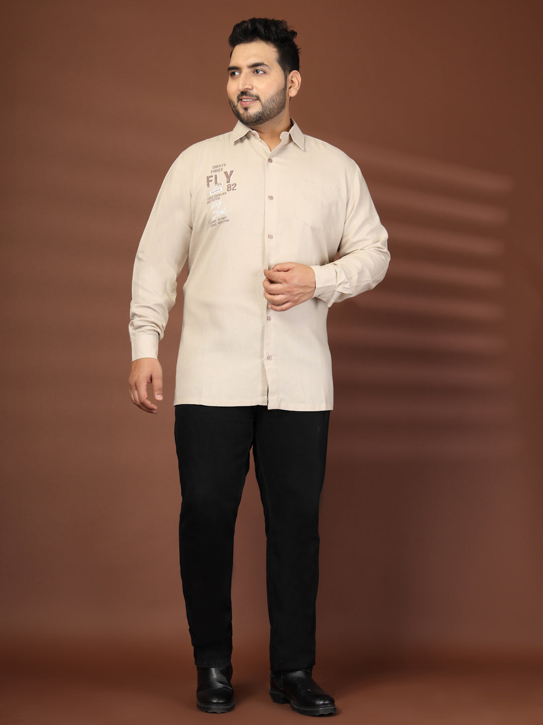 Plus Size Men Beige Printed Cotton Casual Shirt