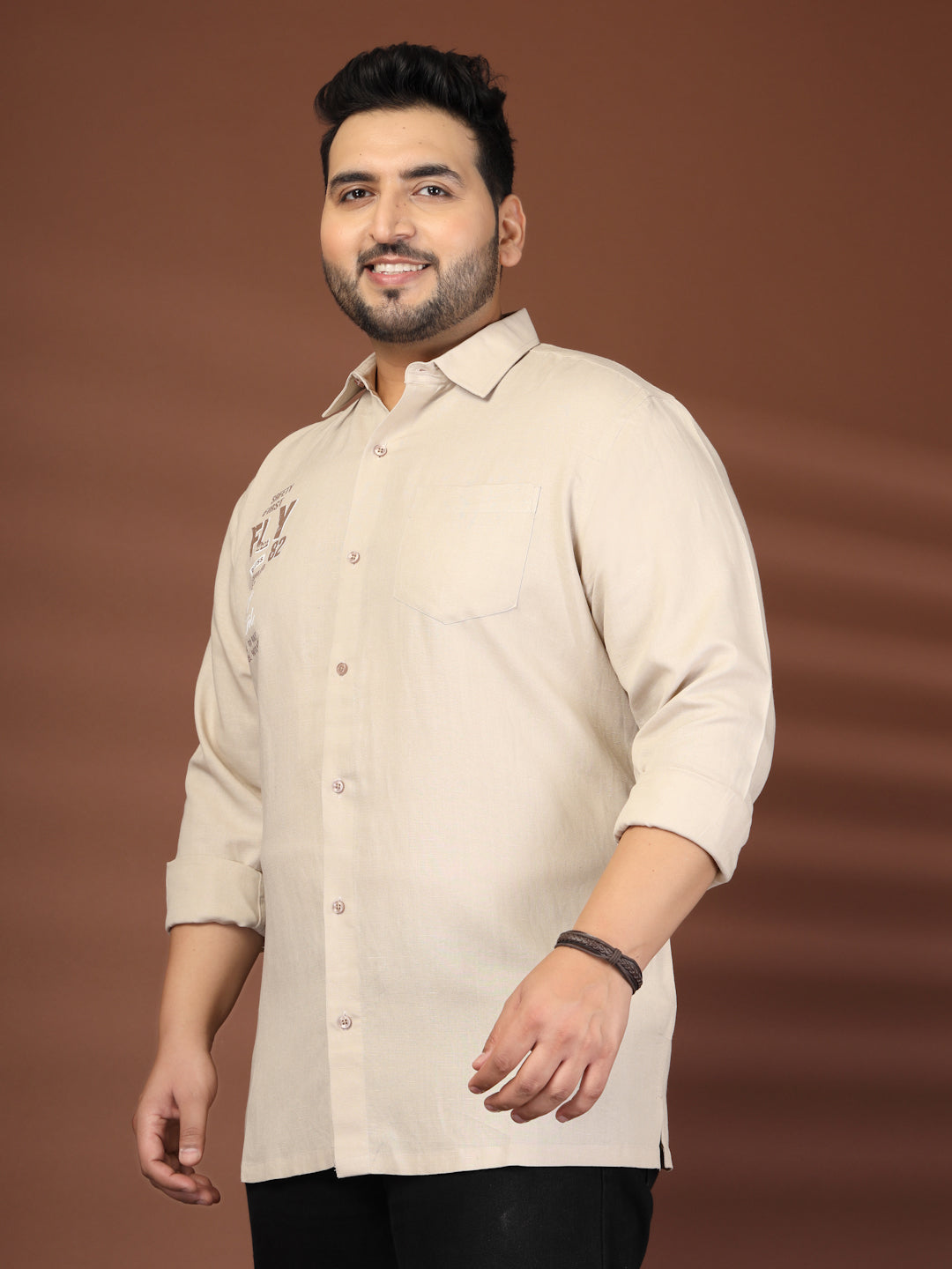 Plus Size Men Beige Printed Cotton Casual Shirt