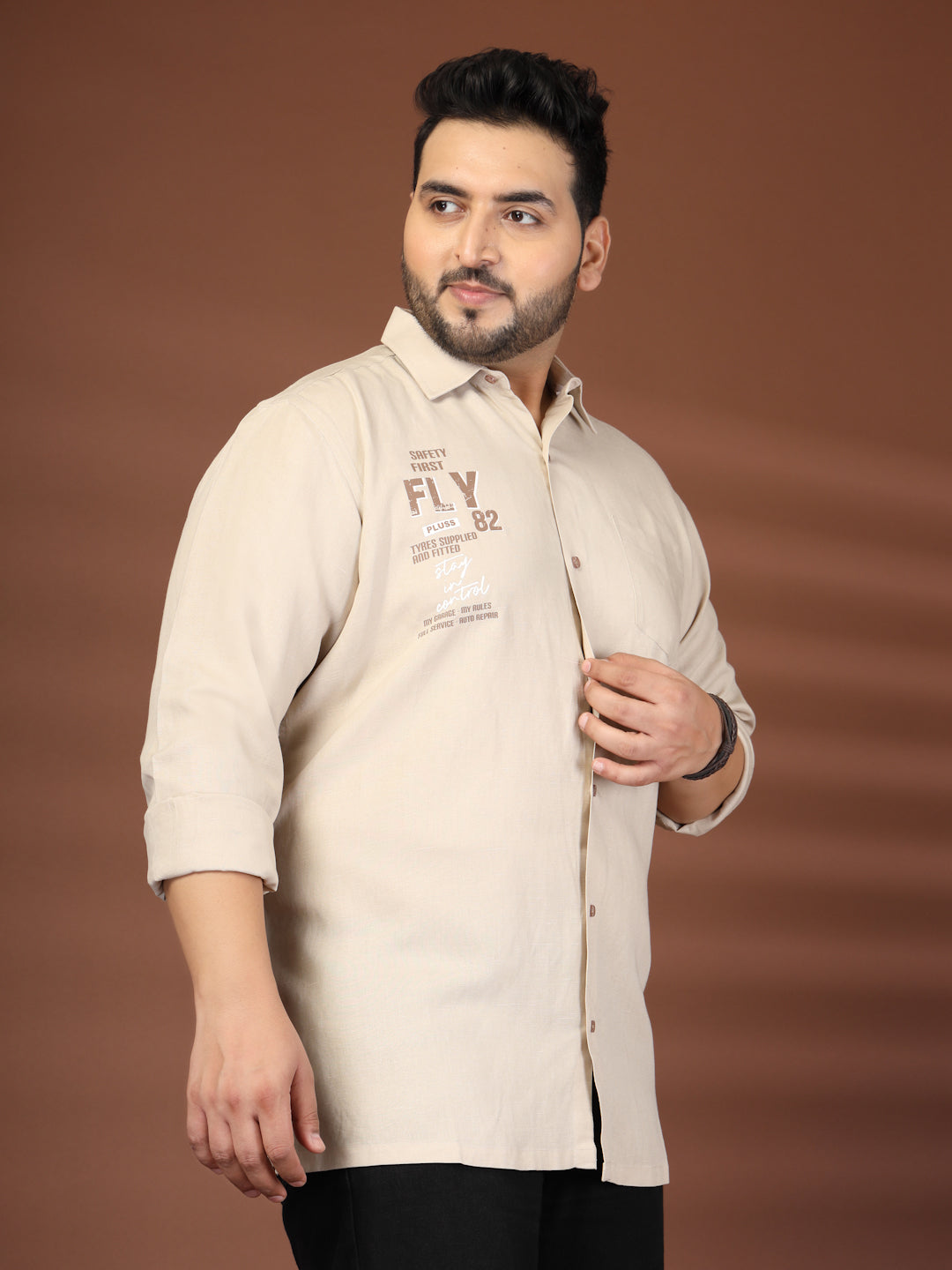 Plus Size Men Beige Printed Cotton Casual Shirt