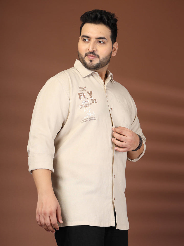 Plus Size Men Beige Printed Cotton Casual Shirt