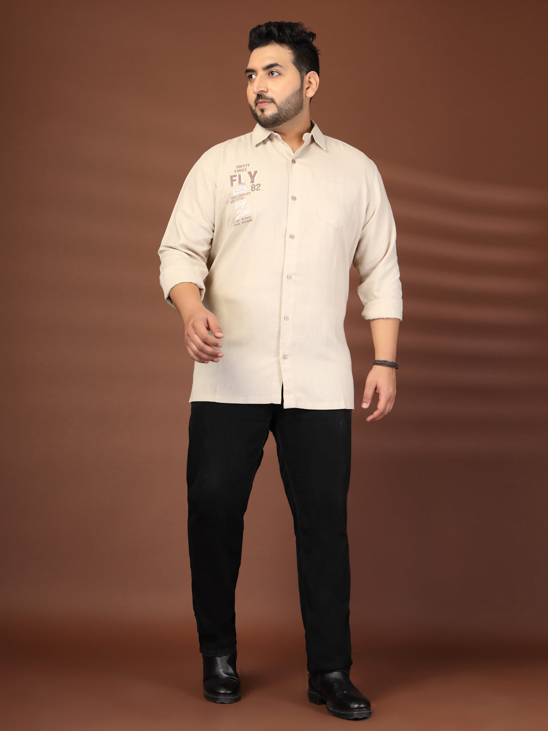 Plus Size Men Beige Printed Cotton Casual Shirt