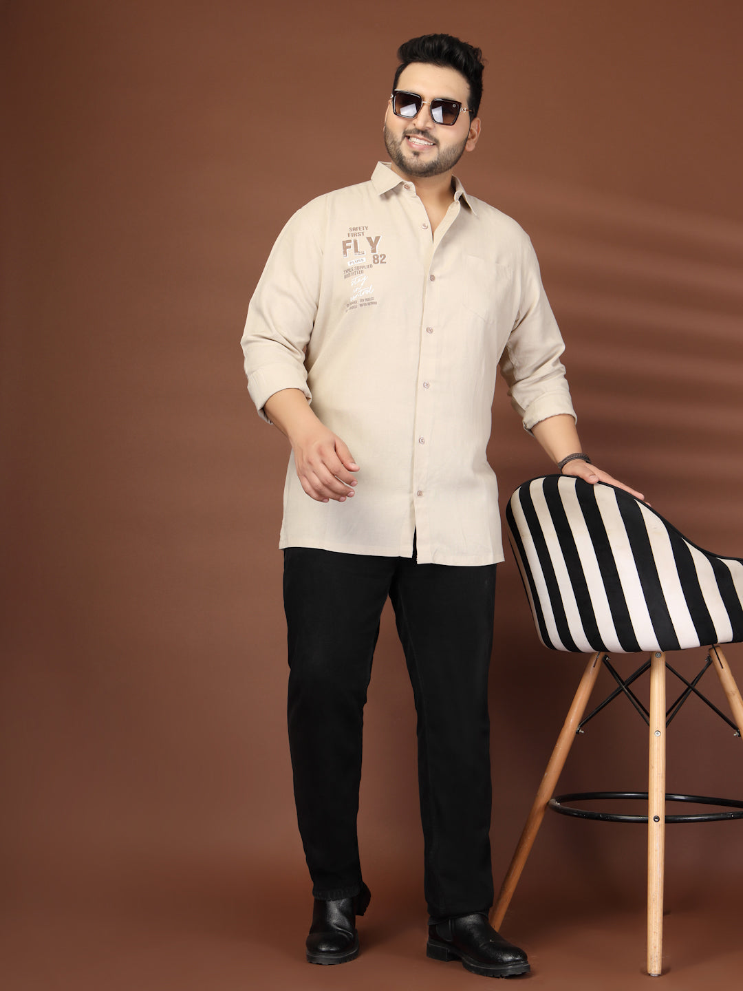 Plus Size Men Beige Printed Cotton Casual Shirt