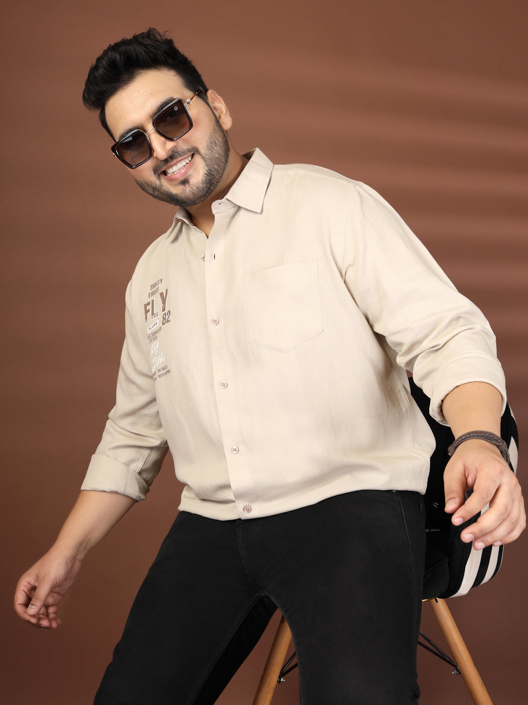Plus Size Men Beige Printed Cotton Casual Shirt
