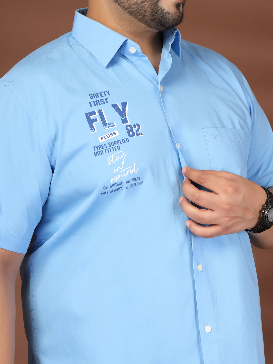 Plus Size Men Blue Printed Casual Cotton Shirt