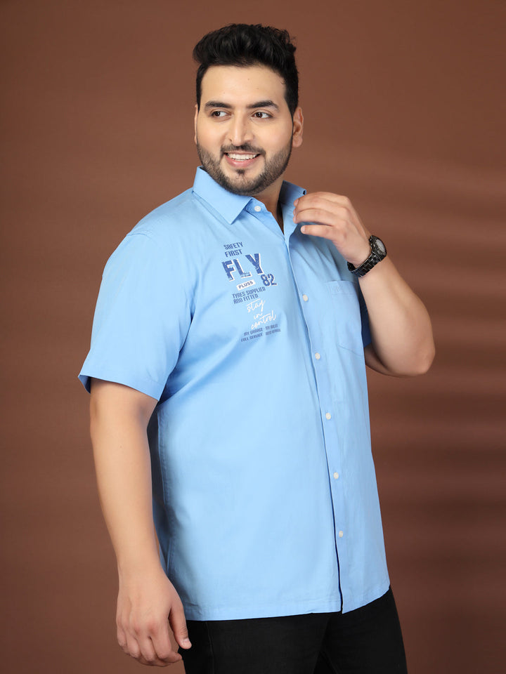 Plus Size Men Blue Printed Casual Cotton Shirt