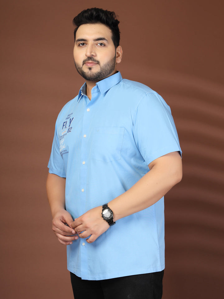 Plus Size Men Blue Printed Casual Cotton Shirt
