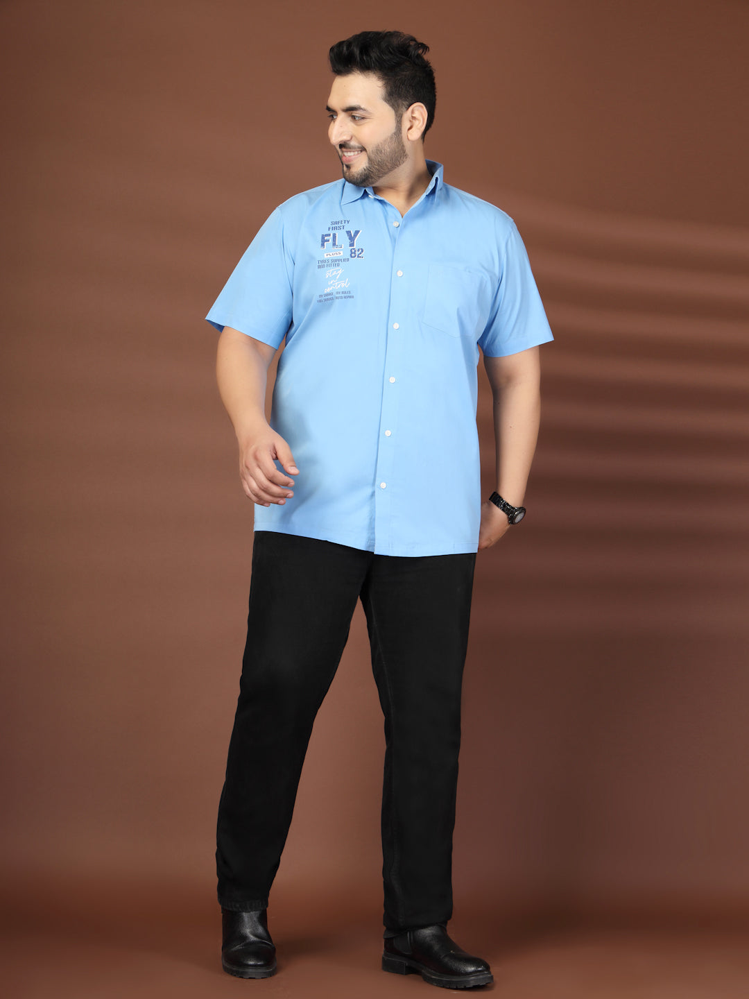 Plus Size Men Blue Printed Casual Cotton Shirt