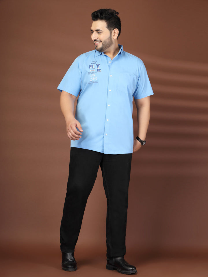 Plus Size Men Blue Printed Casual Cotton Shirt