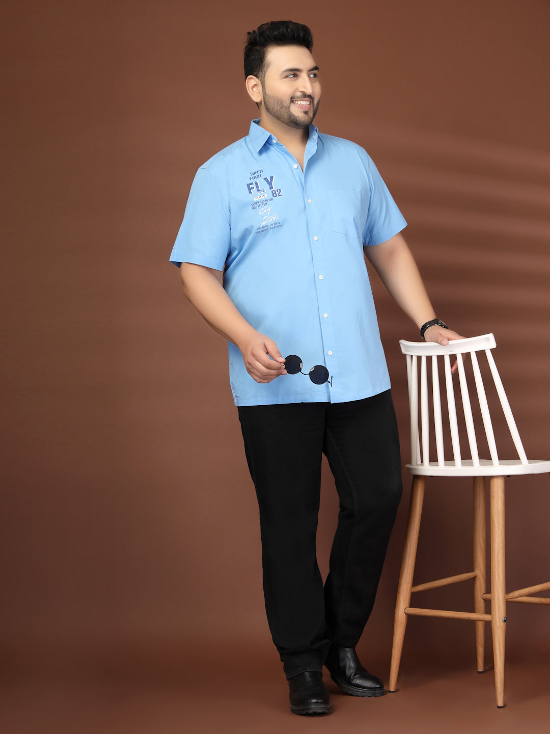 Plus Size Men Blue Printed Casual Cotton Shirt