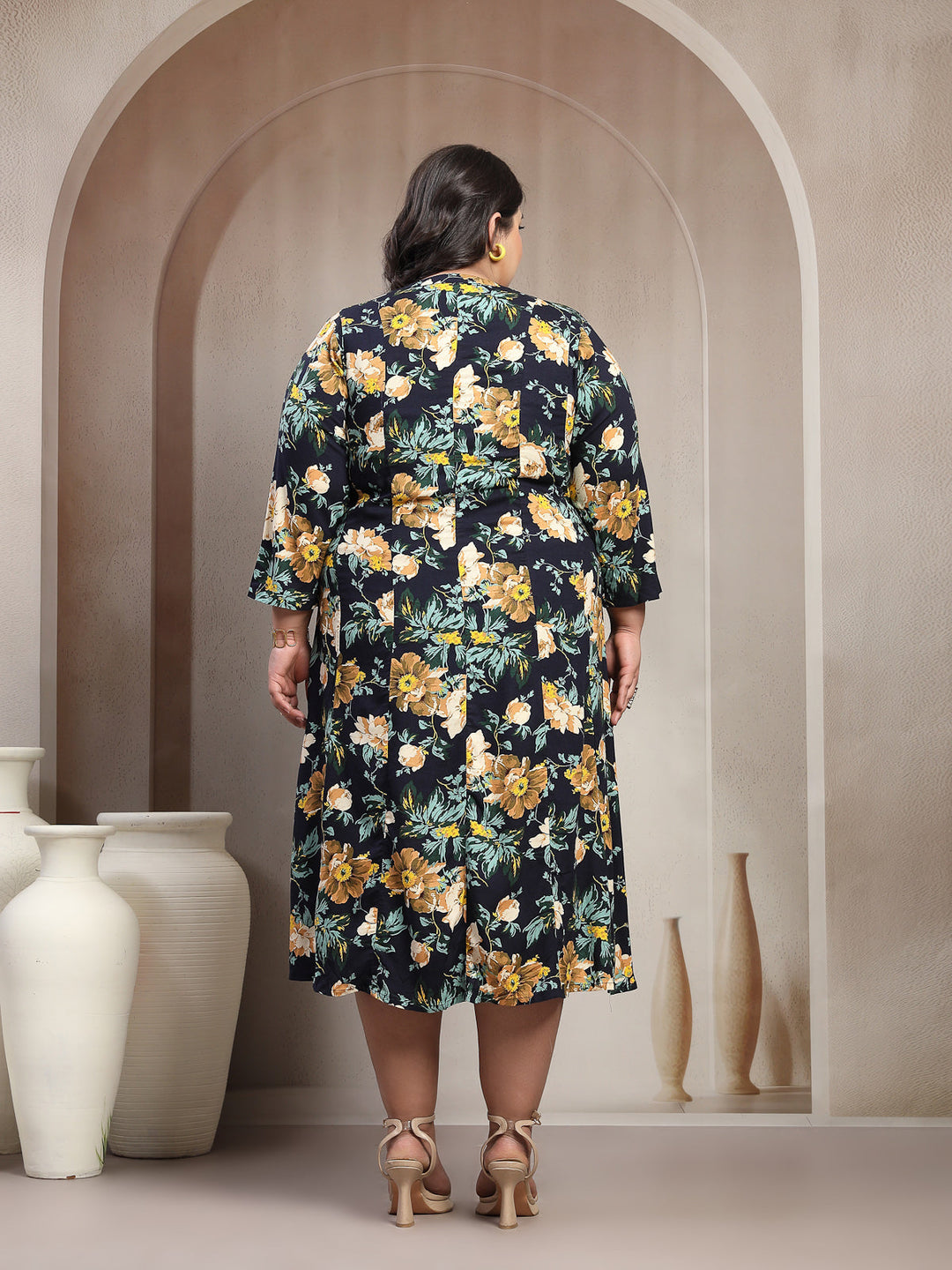 Plus Size Floral Printed Mandarin Collar Shirt Dress