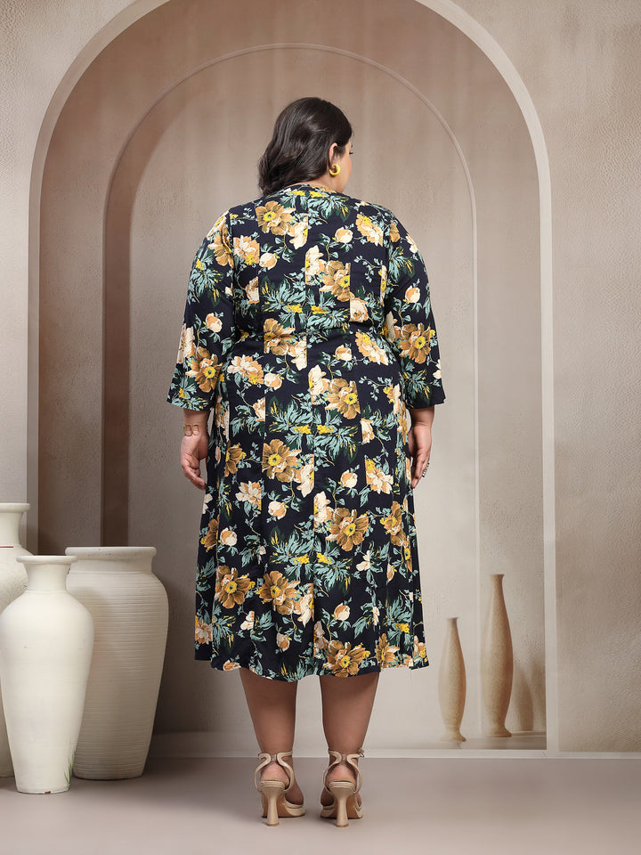 Plus Size Floral Printed Mandarin Collar Shirt Dress