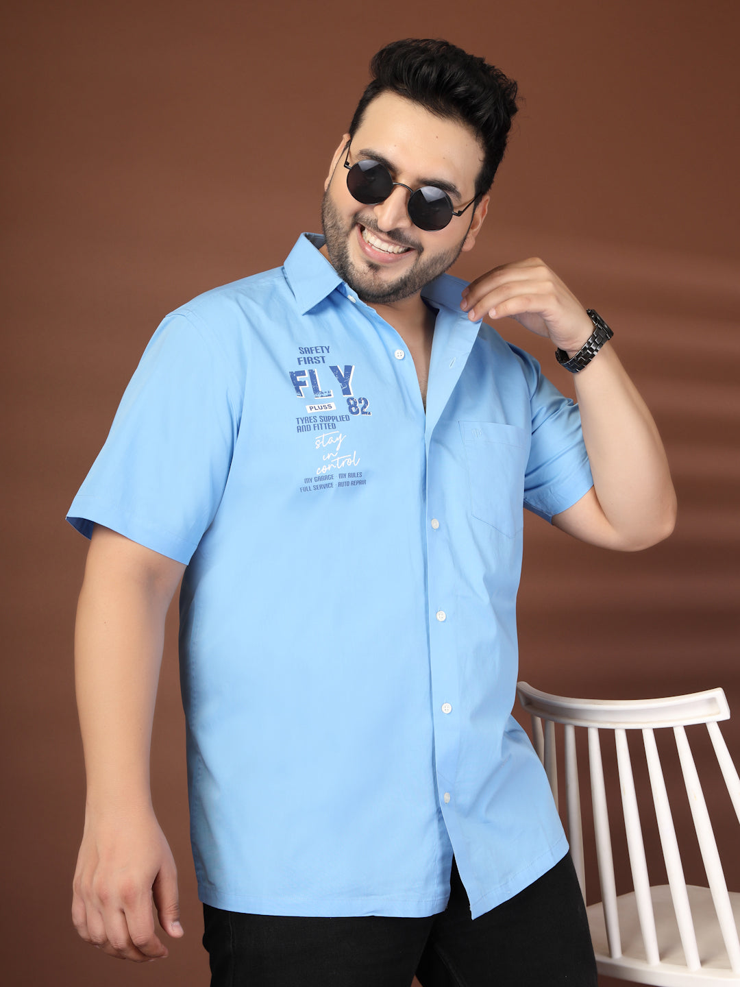 Plus Size Men Blue Printed Casual Cotton Shirt