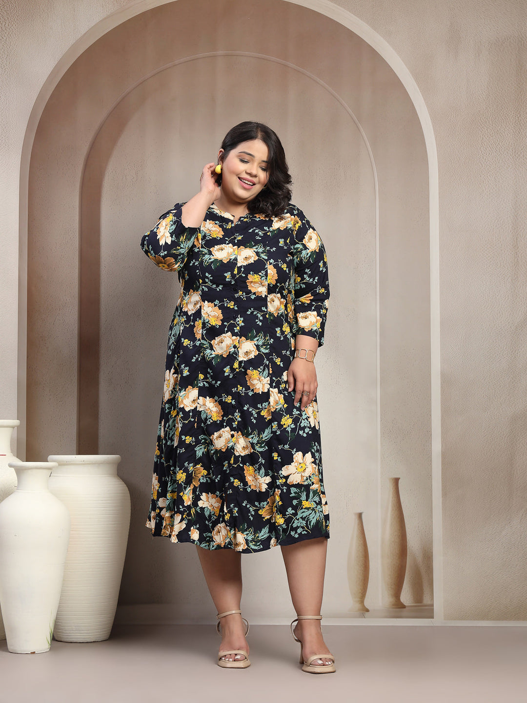 Plus Size Floral Printed Mandarin Collar Shirt Dress