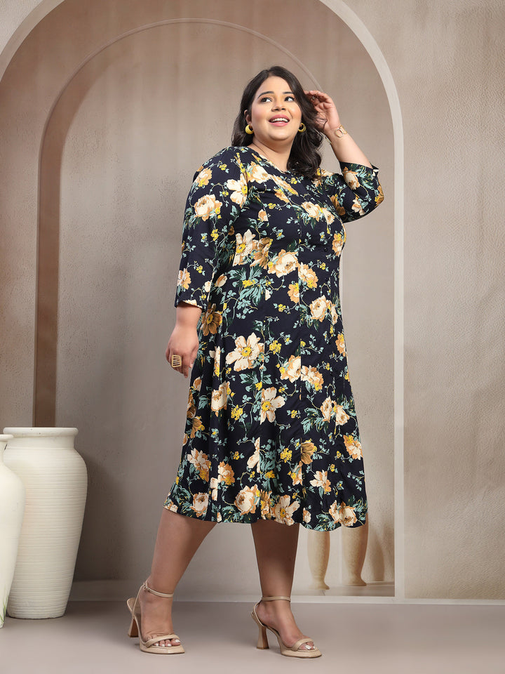 Plus Size Floral Printed Mandarin Collar Shirt Dress