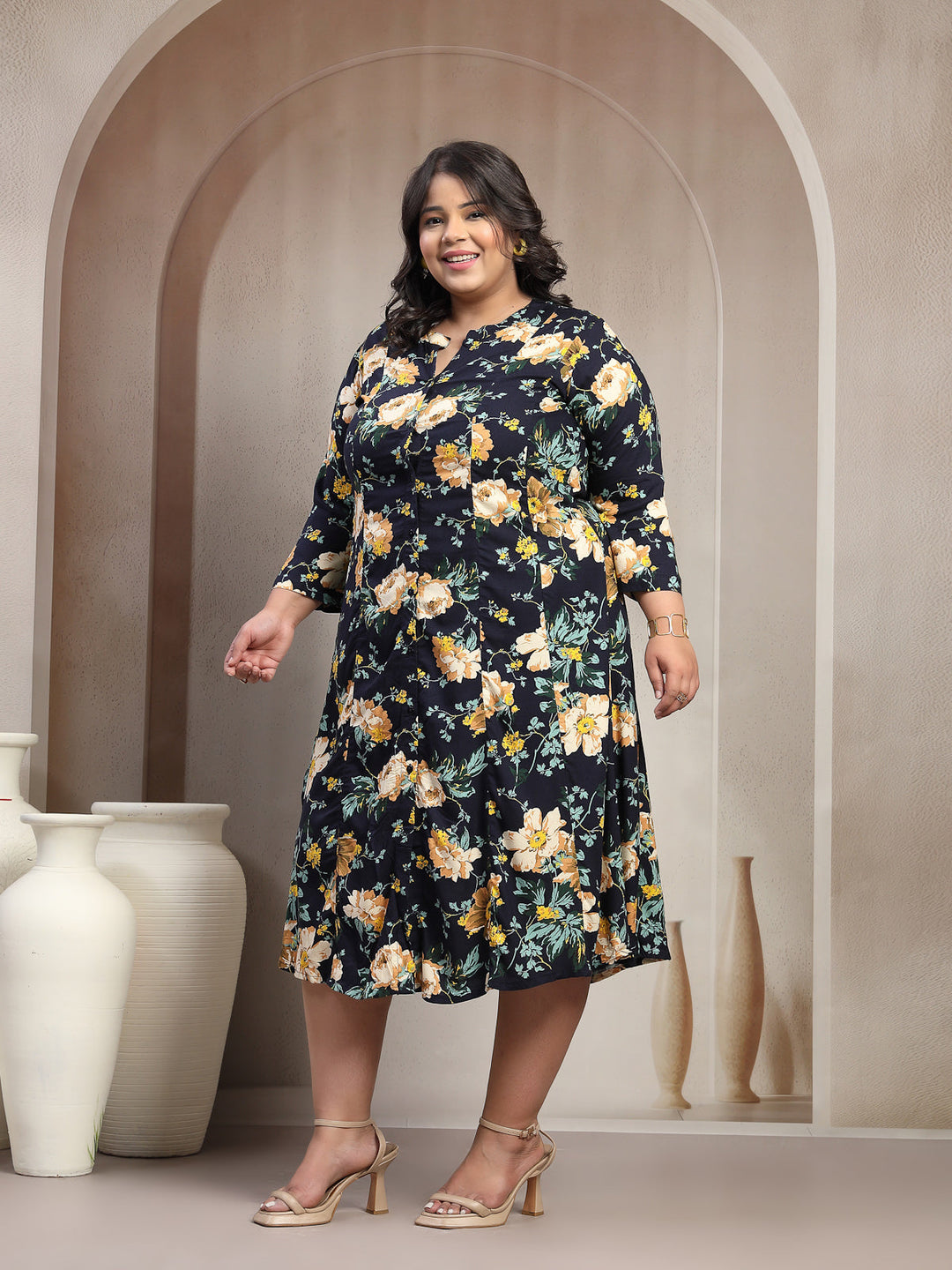 Plus Size Floral Printed Mandarin Collar Shirt Dress