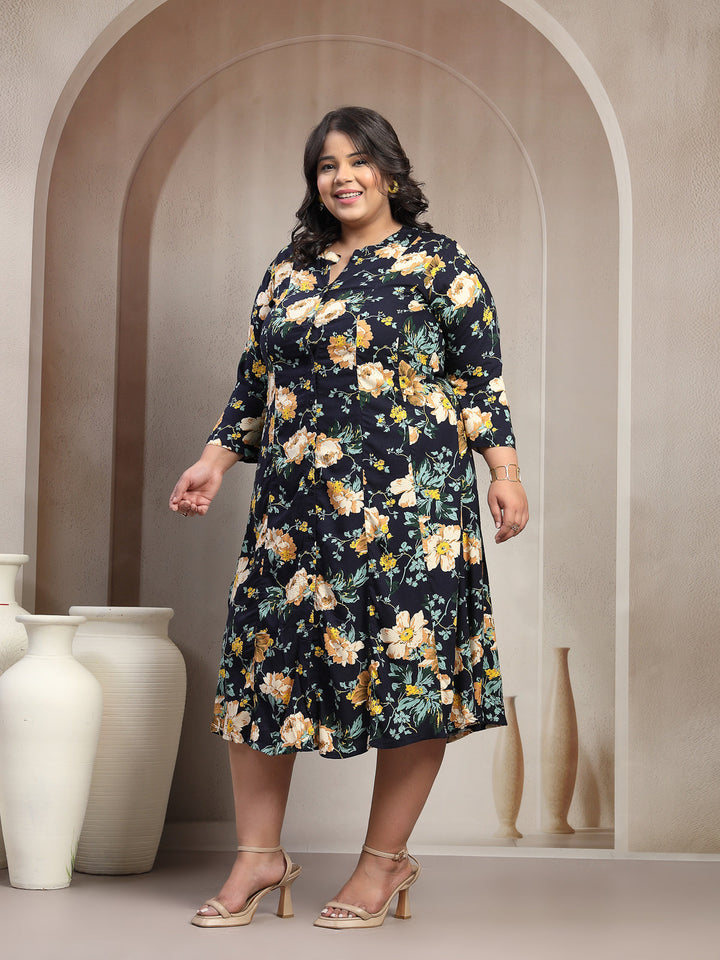 Plus Size Floral Printed Mandarin Collar Shirt Dress