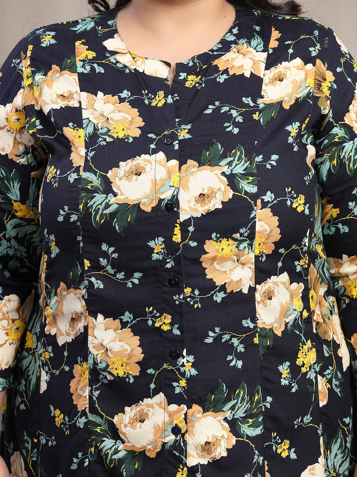 Plus Size Floral Printed Mandarin Collar Shirt Dress
