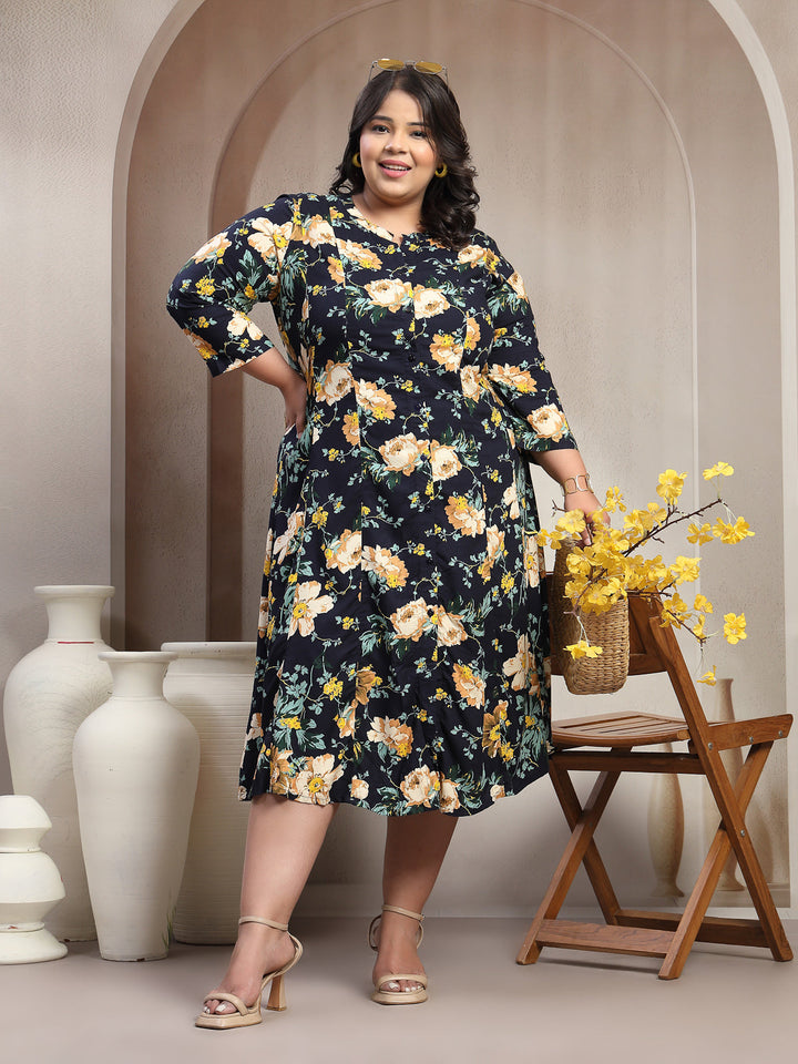 Plus Size Floral Printed Mandarin Collar Shirt Dress