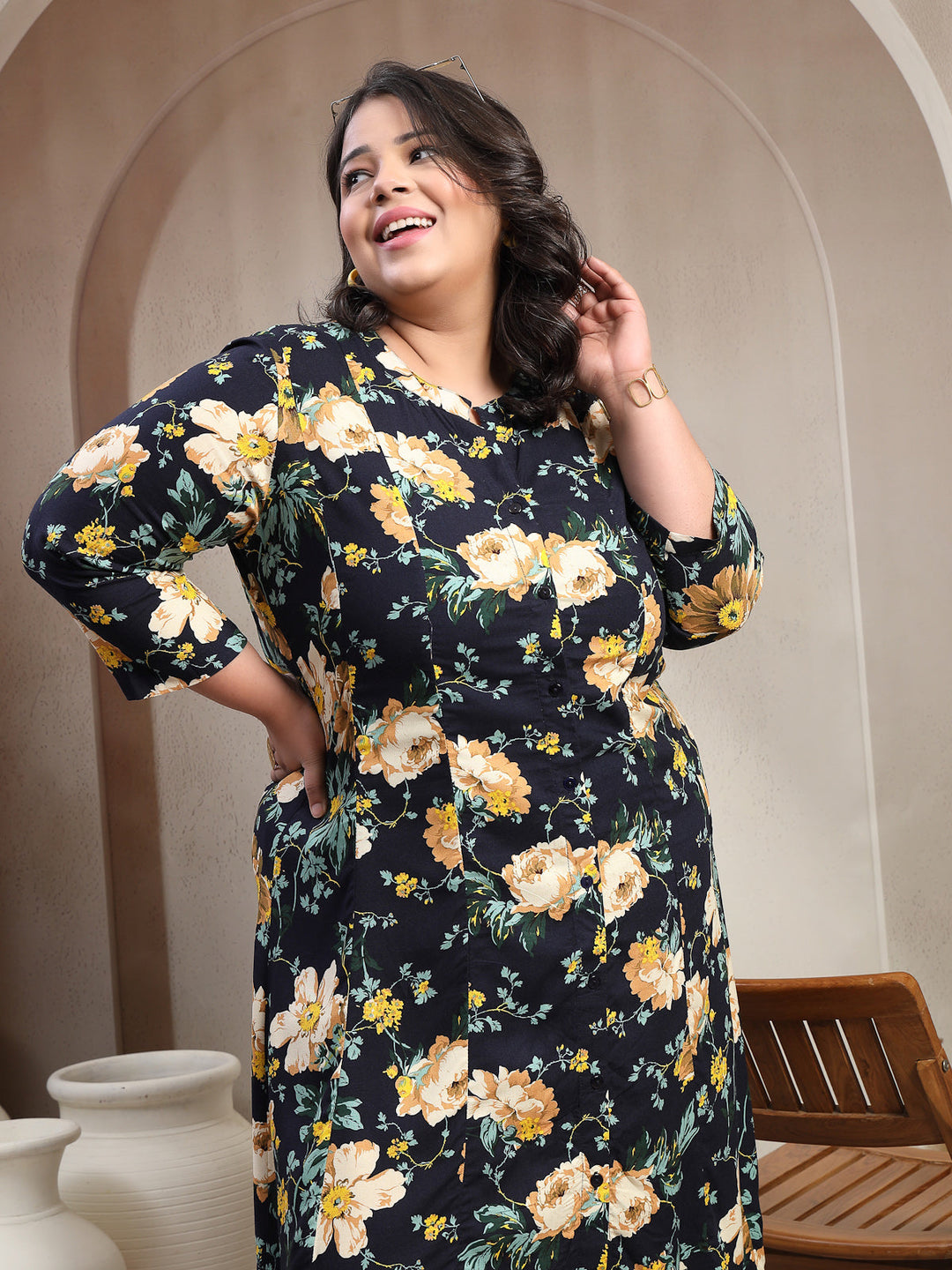 Plus Size Floral Printed Mandarin Collar Shirt Dress