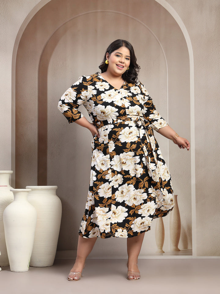 Plus Size Women Floral Printed V-Neck Fit And Flare Midi Dress