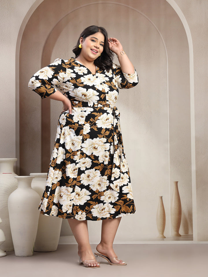Plus Size Women Floral Printed V-Neck Fit And Flare Midi Dress