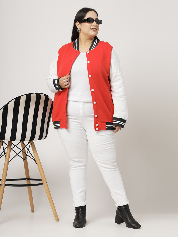 Plus Size Women Colourblocked Fleece Crop Bomber Jacket