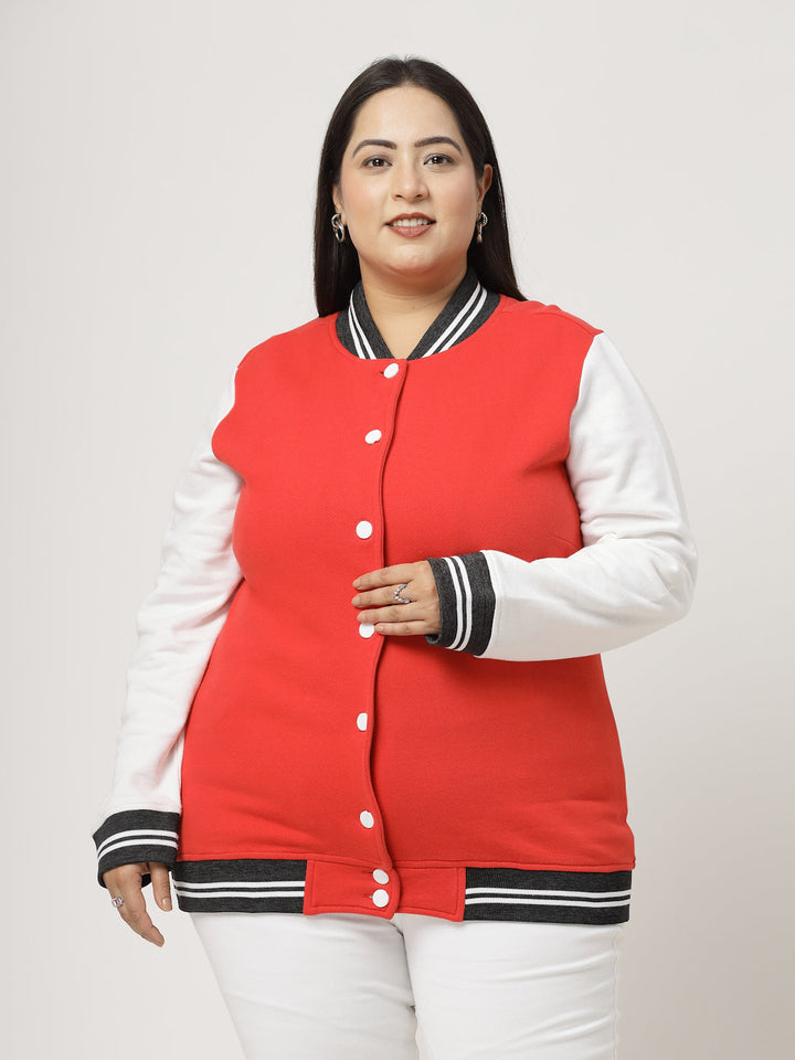 Plus Size Women Colourblocked Fleece Crop Bomber Jacket