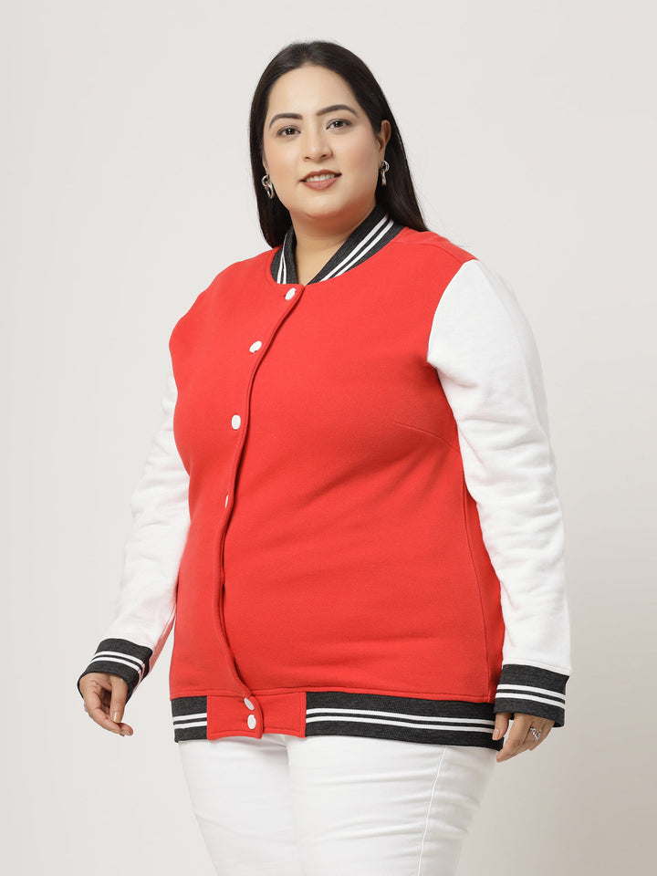 Plus Size Women Colourblocked Fleece Crop Bomber Jacket