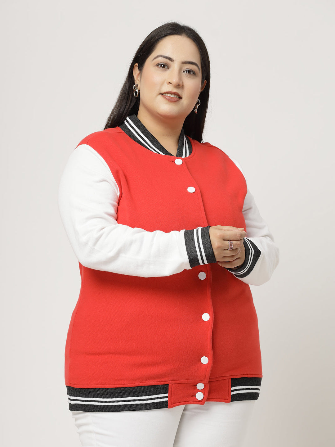 Plus Size Women Colourblocked Fleece Crop Bomber Jacket