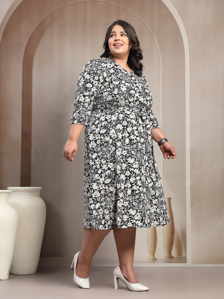 Plus Size Floral Printed Belted V-Neck Puff Sleeve Fit and Flare Midi Dress