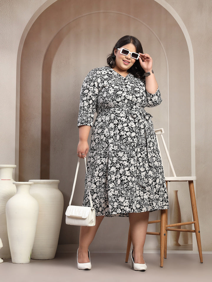 Plus Size Floral Printed Belted V-Neck Puff Sleeve Fit and Flare Midi Dress
