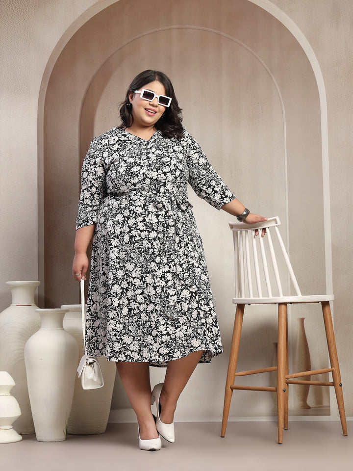 Plus Size Floral Printed Belted V-Neck Puff Sleeve Fit and Flare Midi Dress