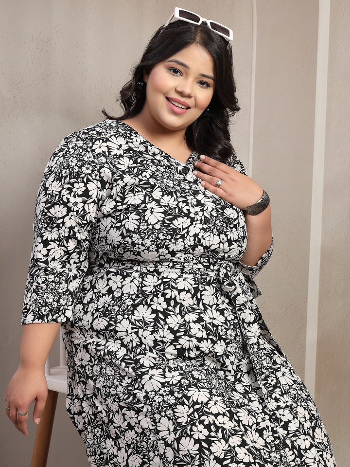 Plus Size Floral Printed Belted V-Neck Puff Sleeve Fit and Flare Midi Dress