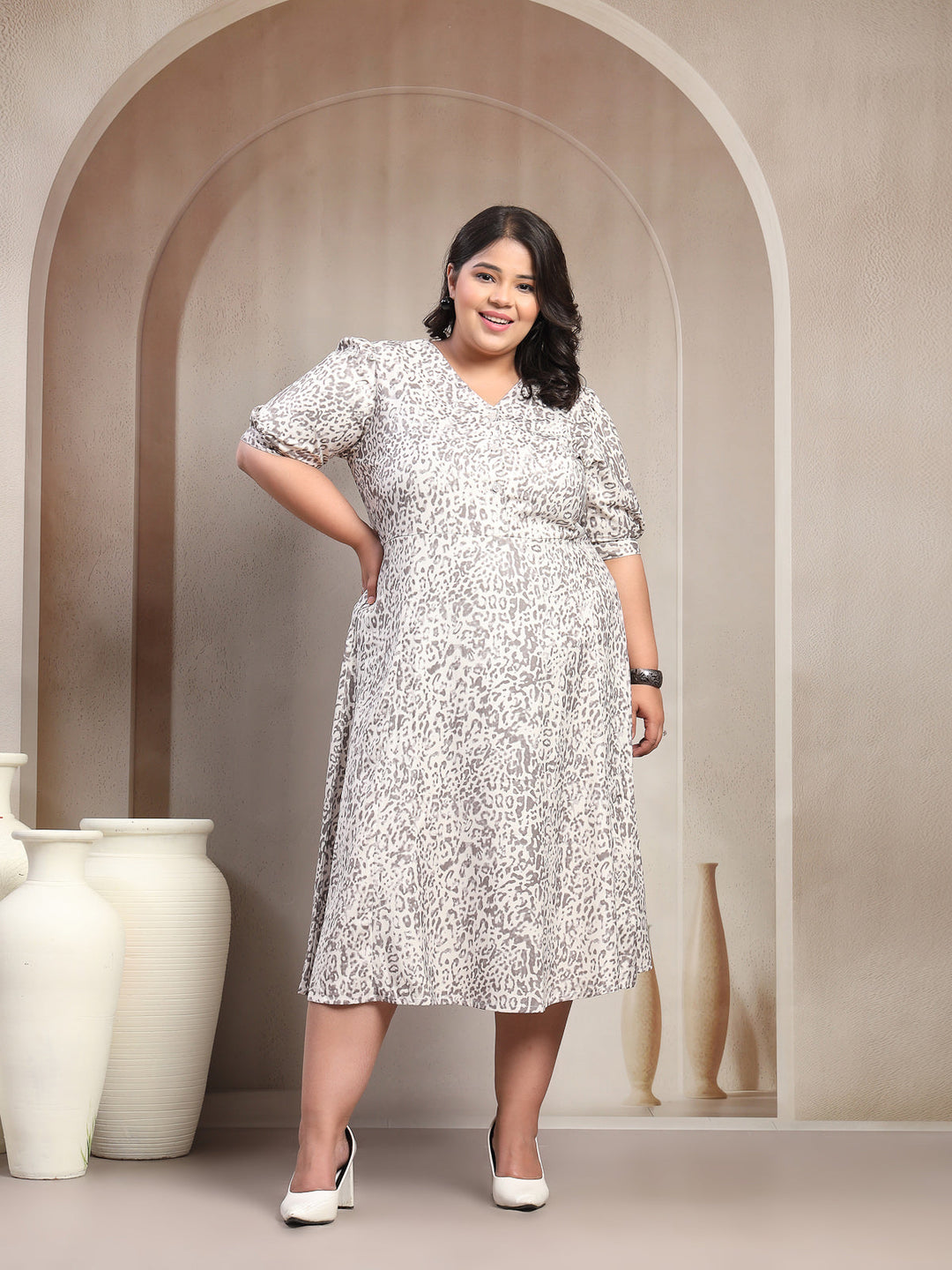 Plus Size Women Ecru Floral Tiger Print Midi Dress