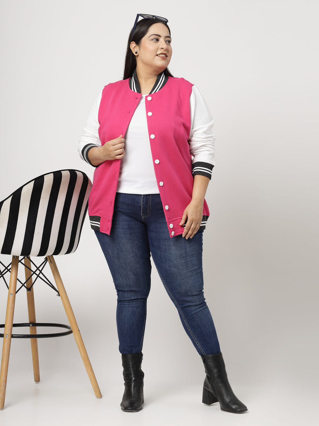 Plus Size Women Fleece Varsity Jacket with Embroidered