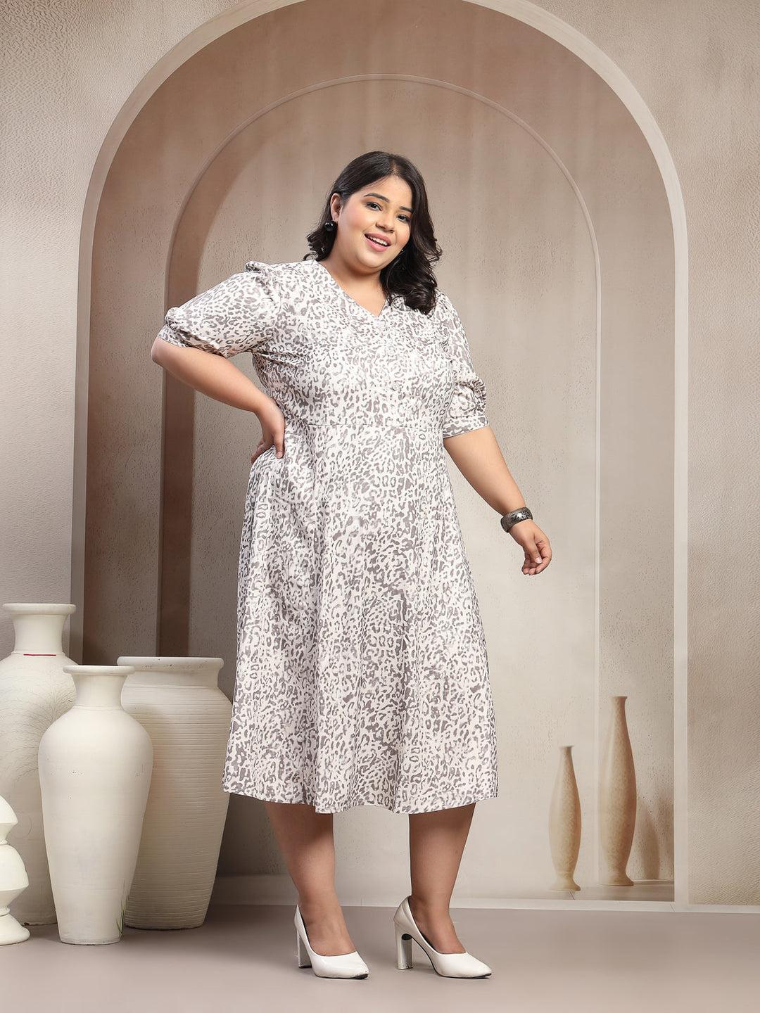 Plus Size Women Ecru Floral Tiger Print Midi Dress