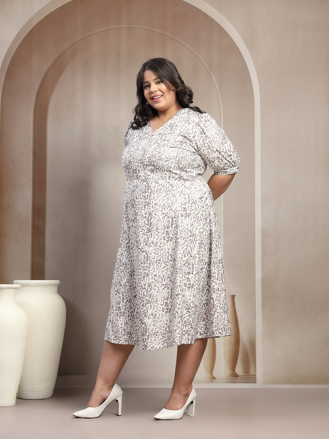 Plus Size Women Ecru Floral Tiger Print Midi Dress