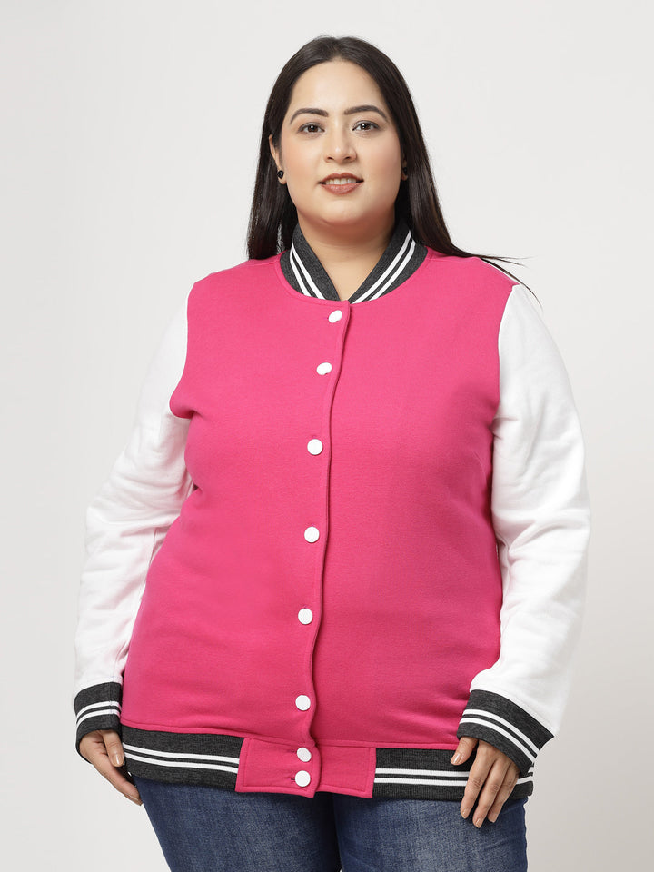Plus Size Women Fleece Varsity Jacket with Embroidered