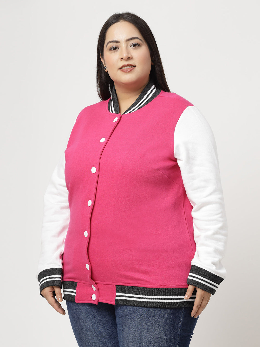 Plus Size Women Fleece Varsity Jacket with Embroidered