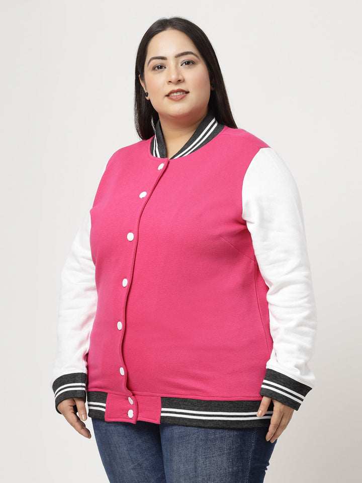 Plus Size Women Fleece Varsity Jacket with Embroidered