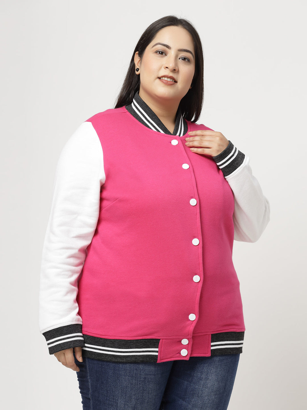 Plus Size Women Fleece Varsity Jacket with Embroidered
