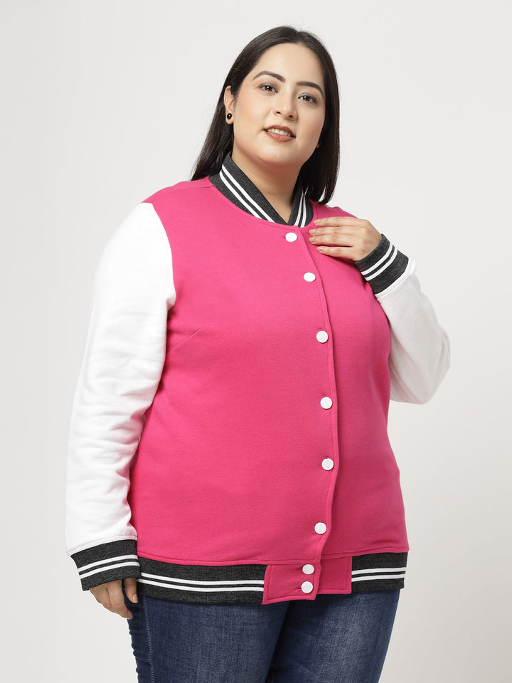 Plus Size Women Fleece Varsity Jacket with Embroidered