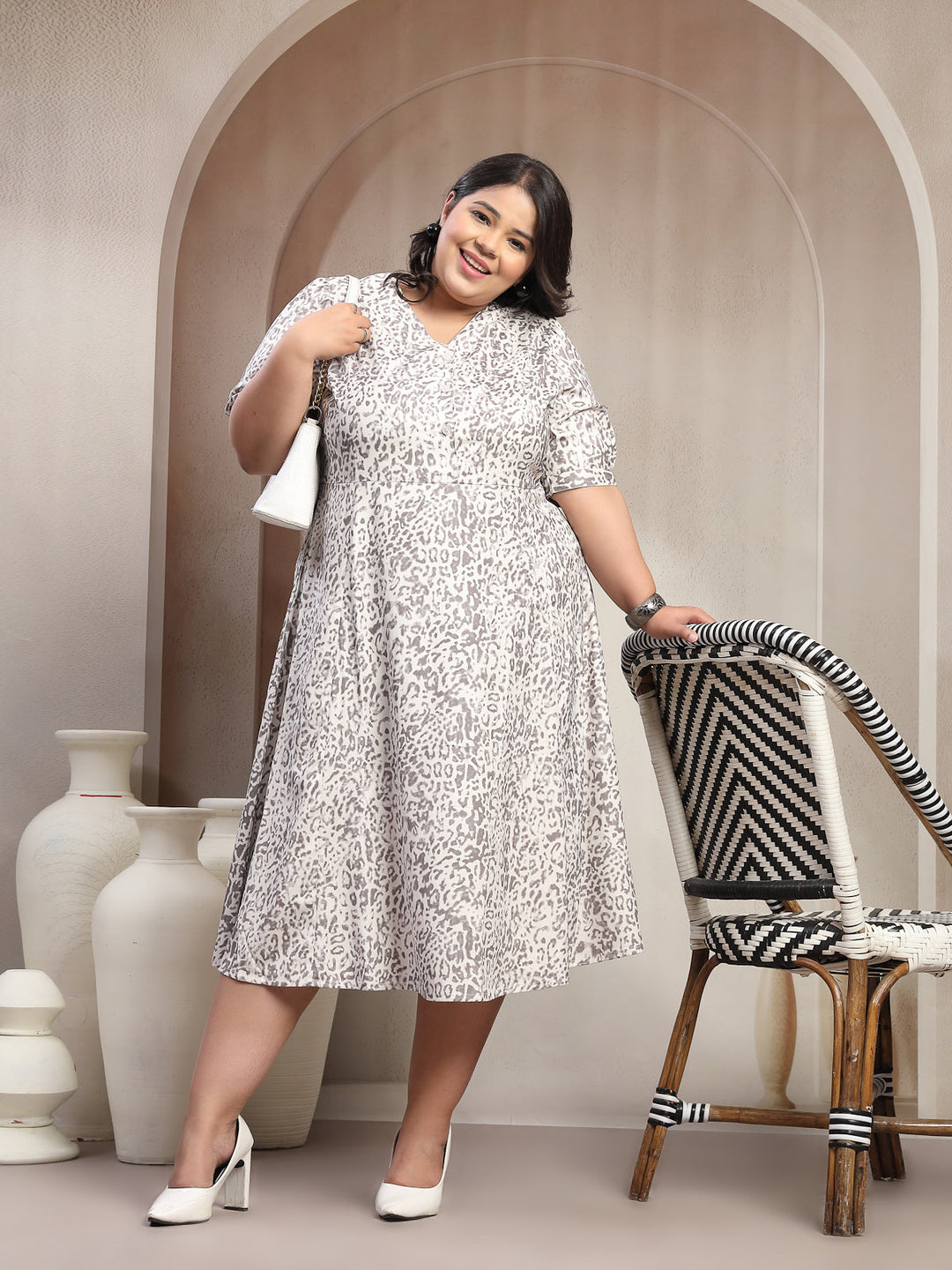 Plus Size Women Ecru Floral Tiger Print Midi Dress