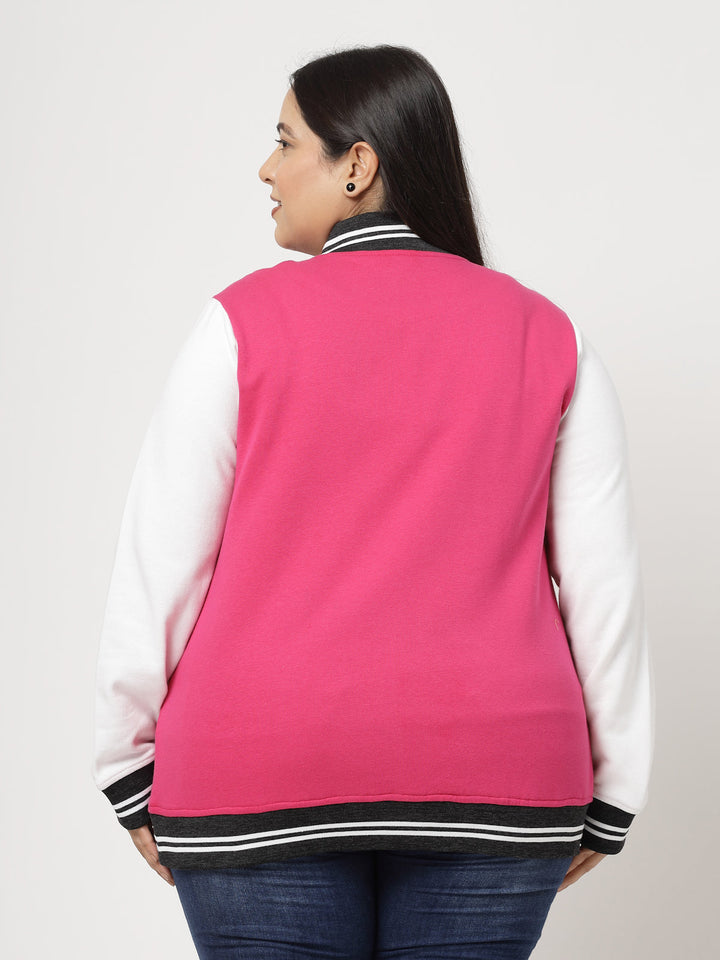 Plus Size Women Fleece Varsity Jacket with Embroidered